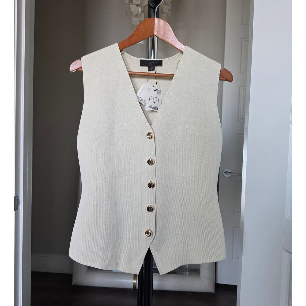 Zara Combined Pleated Knit Waistcoat Vest Cream Size L NWT